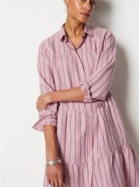 J. Jill Love Linen Tiered Midi Shirt Dress Pink Stripe Long Sleeve EUC Size L